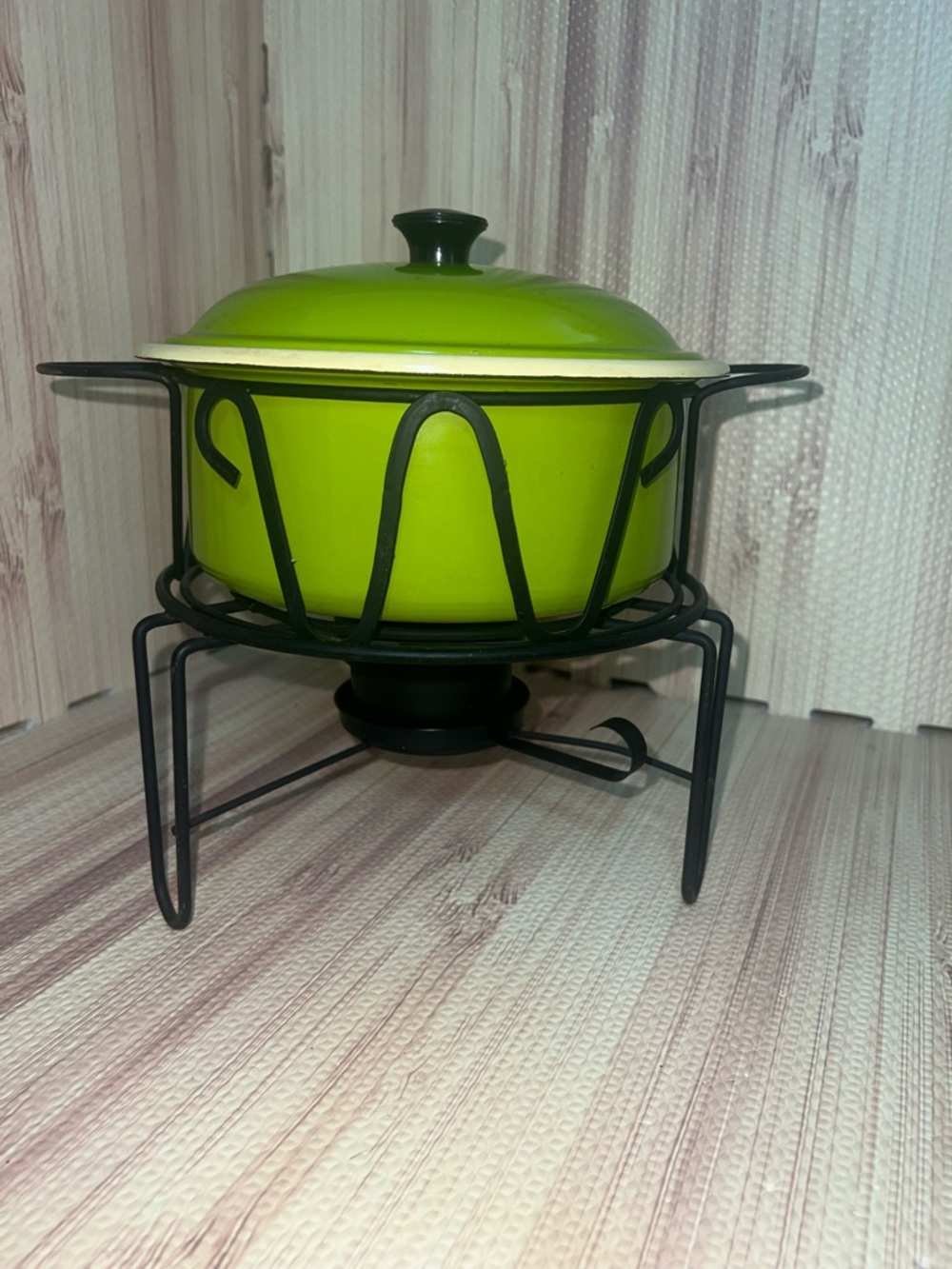 Green Enamel Fondue Pot with Stand and Lid